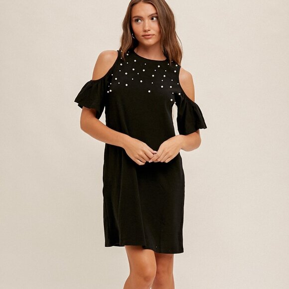 HEM & THREAD Black Cold Shoulder Pearl Embellished Dress Chic Party Date Night - Picture 4 of 5